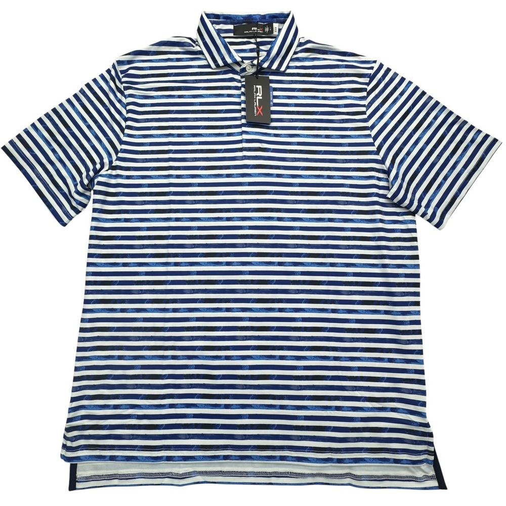 RLX Ralph Lauren Polo Shirt Men L Blue Striped Short Sleeve Wicking Performance